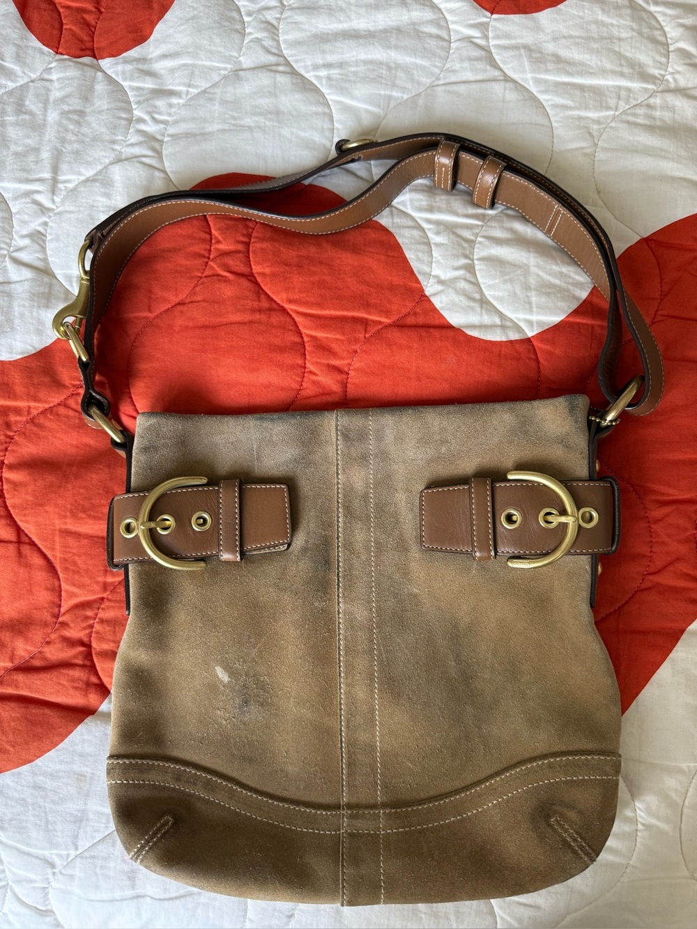 Vintage Coach 9674 Camel Suede Double Buckle Shoulder Bag